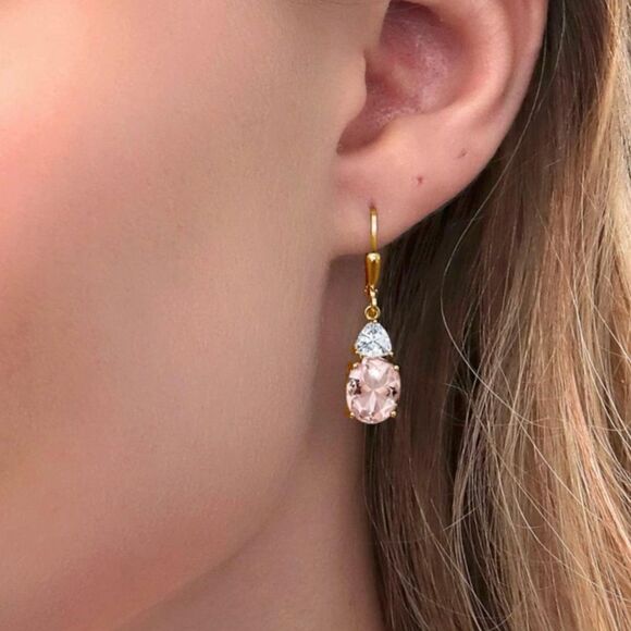 18K Yellow Gold with 5.58Cttw Peach Morganite and White Moissanite Drop Earrings - Picture 4 of 4